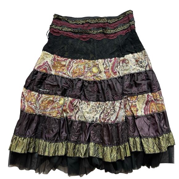 Des Fillas A LA Vanille Paris Boho Patchwork Multicolor Paisley Lace Skirt- M/L - Picture 2 of 8